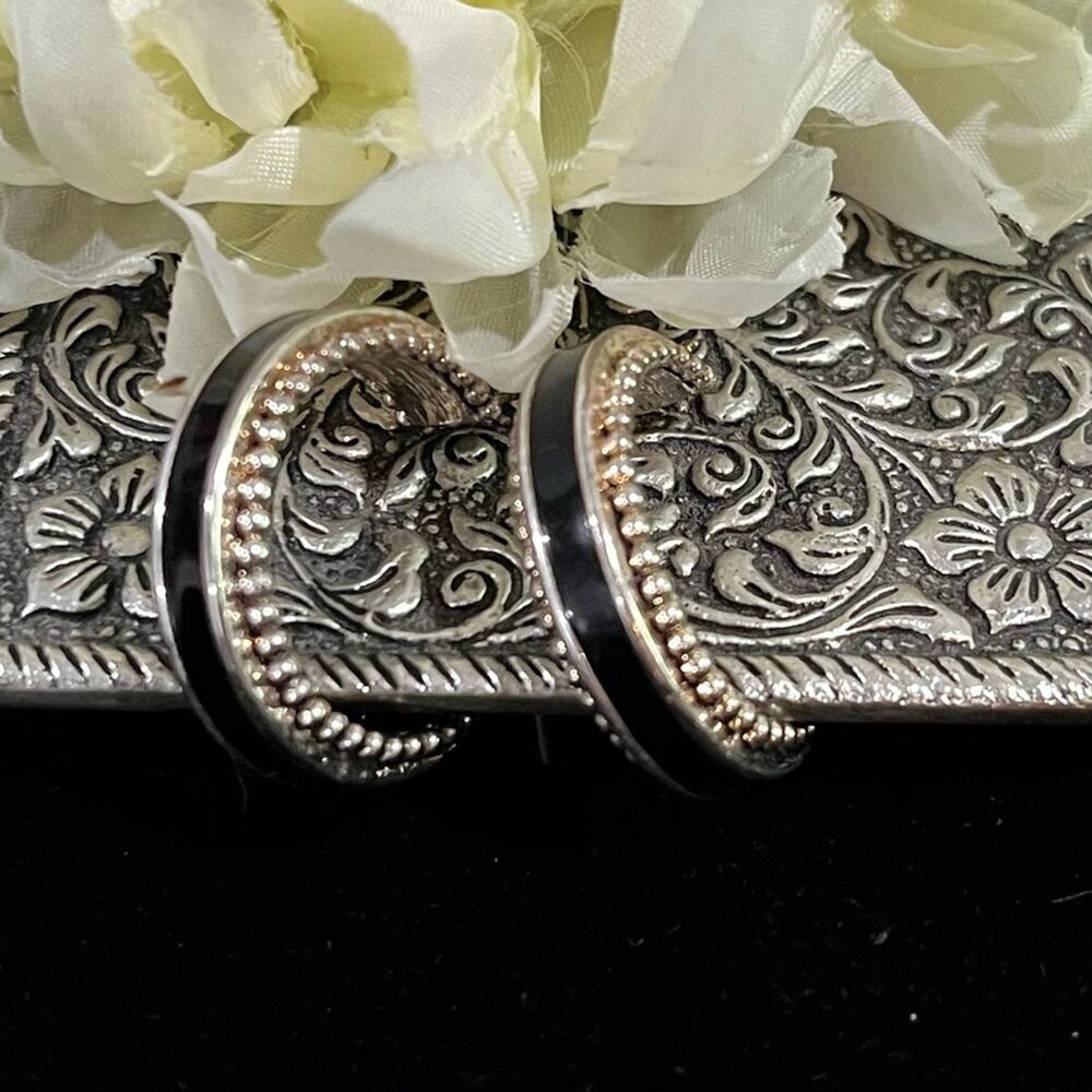 NEW Vintage Napier Classic Silver Beaded Inlaid Onyx Medium Hoop Earrings